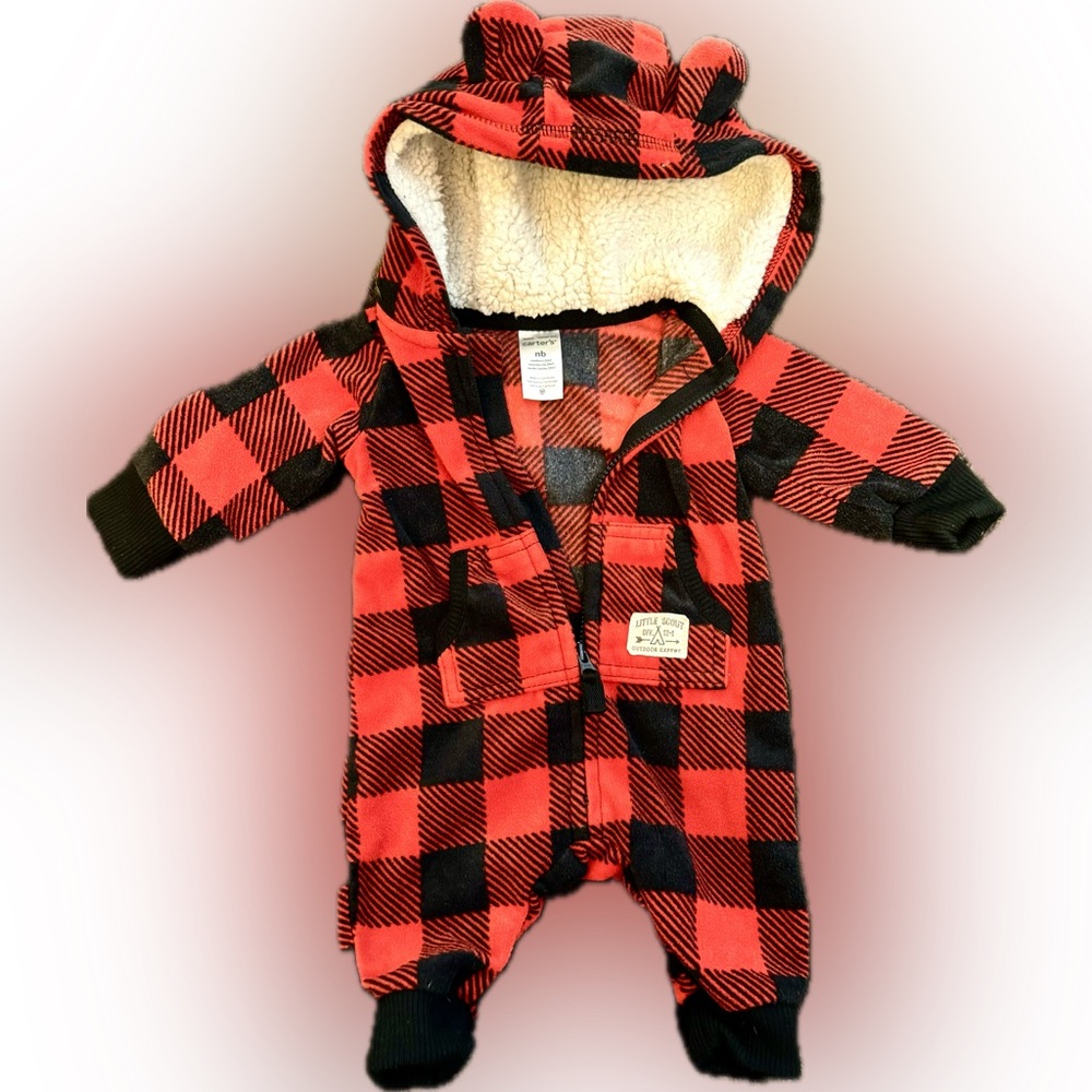 Carters Boys 1-Piece Buffalo Plaid Jumpsuit hoodie — Fleece / Sherpa